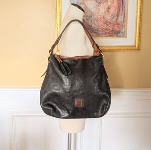 VTG Dooney & Bourke Black Brown Pebble Grain Leather Tassel Shoulder Bag Hobo